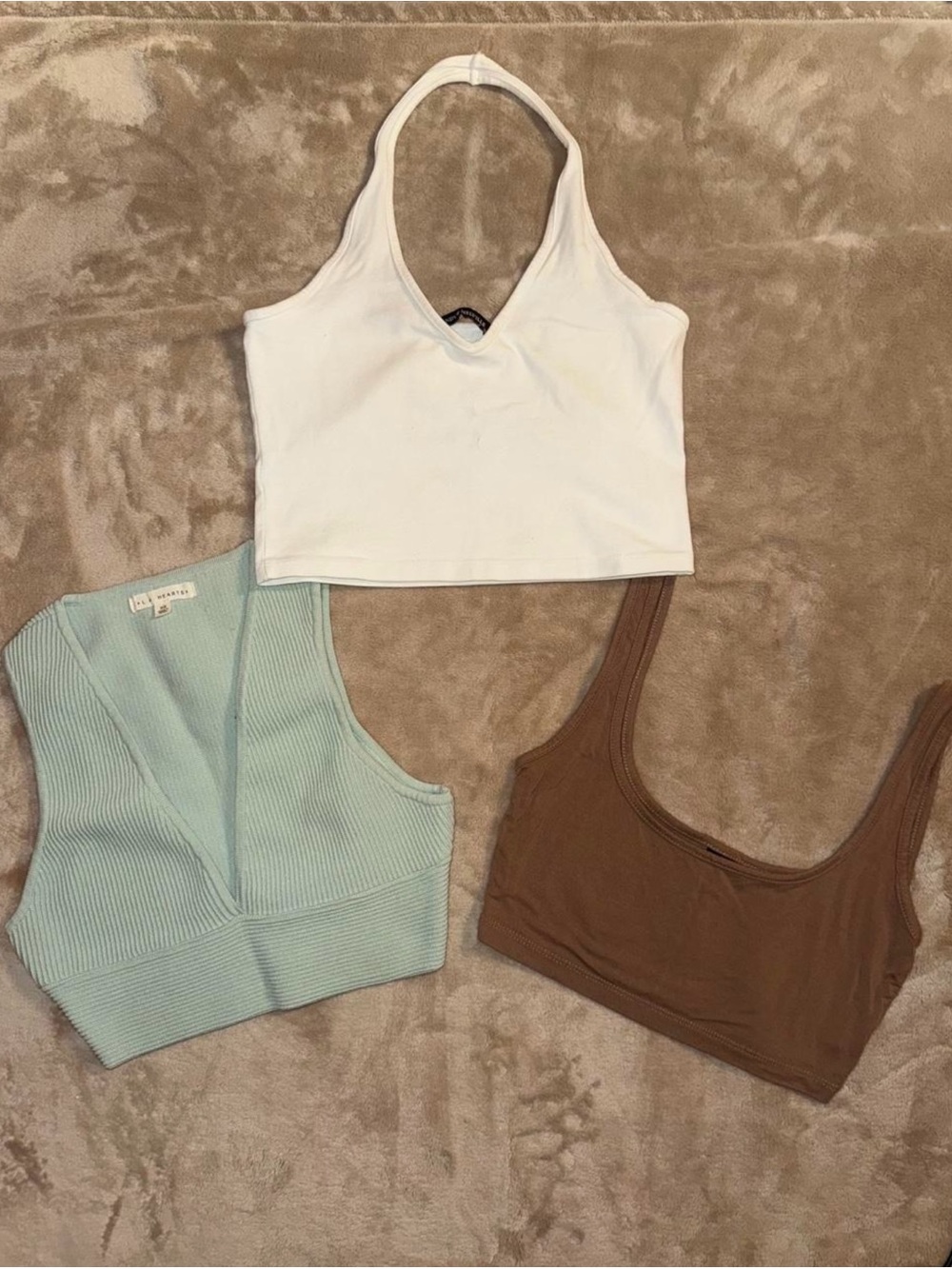 Brandy Melville White Halter Crop Top & 2 green and brown crop tops